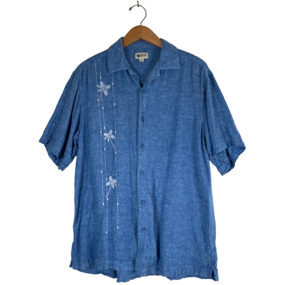 Vintage Haggar Mens Size M Blue Button Front Soft Linen Rayon Embroidery S/S
